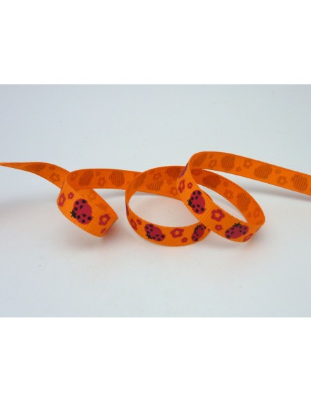 1m Ruban coccinelle rouge rose sur fond orange 10mm de large