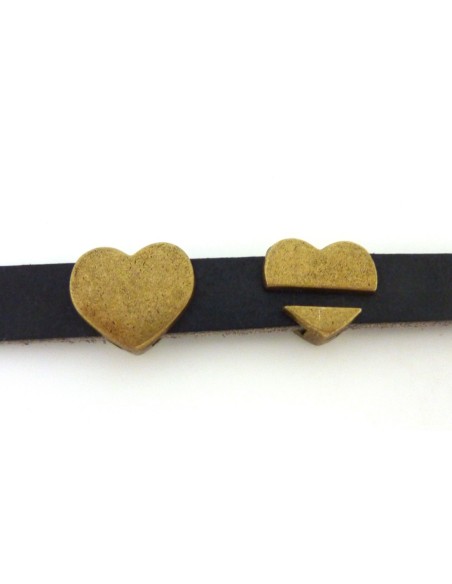 2 perles passant coeur 16,1mm en métal bronze pour lanière cuir