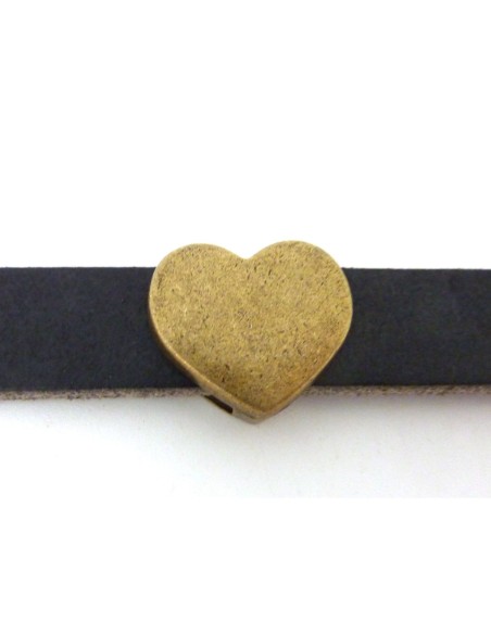 2 perles passant coeur 16,1mm en métal bronze pour lanière cuir