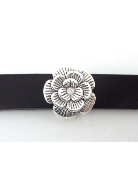 2 Perles passant fleur pour lanière de 10mm en métal argenté