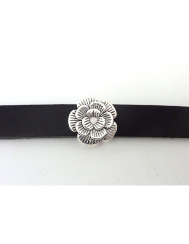 2 Perles passant fleur pour lanière de 10mm en métal argenté