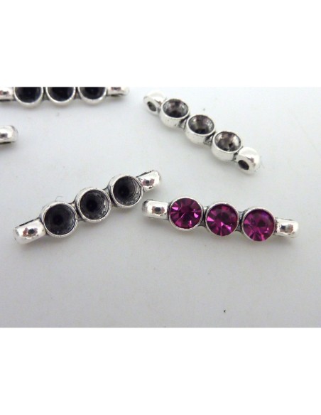 5 Perles connecteur rectangle, support 3 strass 19,9mm en métal argent