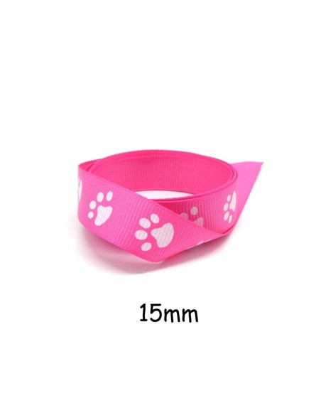 Ruban fantaisie rose vif 15mm empreinte patte de chat blanche
