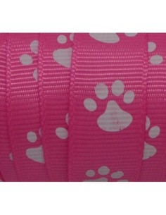 Ruban fantaisie rose vif 15mm empreinte patte de chat blanche 2