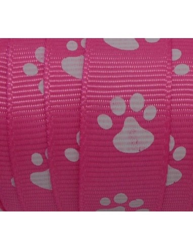 Galon fantaisie rose vif 15mm empreinte patte de chat blanche