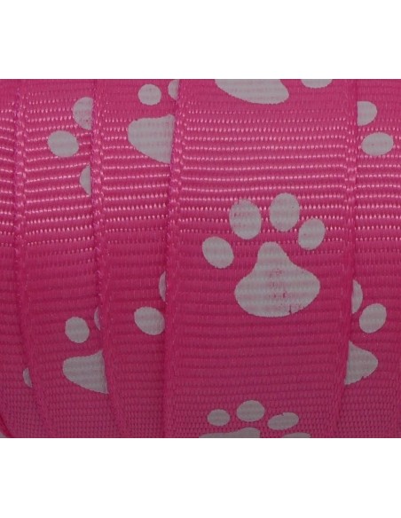 Galon fantaisie rose vif 15mm empreinte patte de chat blanche