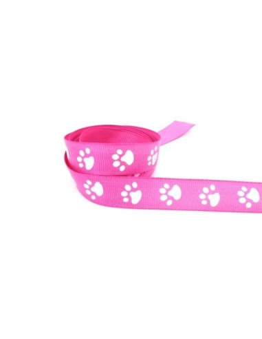 Ruban fantaisie rose vif 15mm empreinte patte de chien blanche