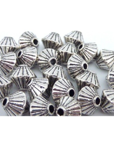 Perles toupie, soucoupe 7mm en métal argenté strié de trait
