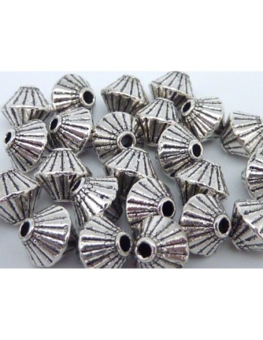 Perles toupie, soucoupe 7mm en métal argenté strié de trait