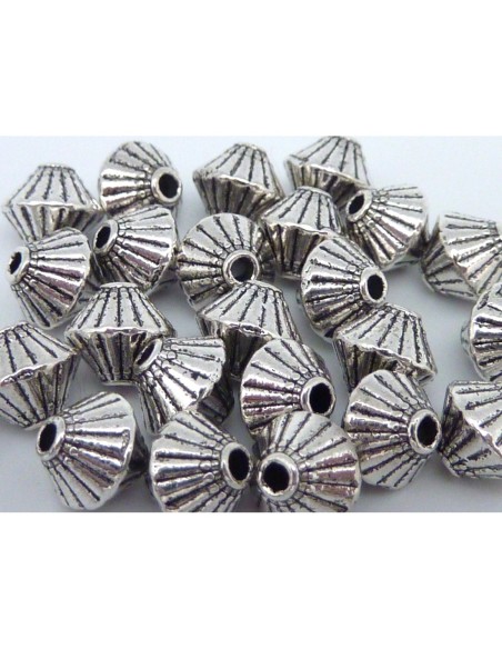 Perles toupie, soucoupe 7mm en métal argenté strié de trait