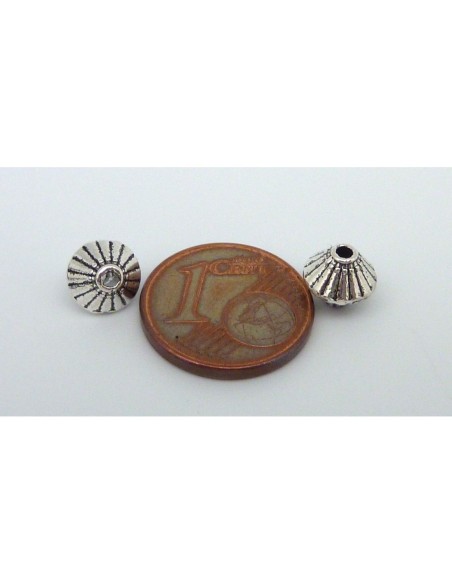 Perles toupie, soucoupe 7mm en métal argenté strié de trait