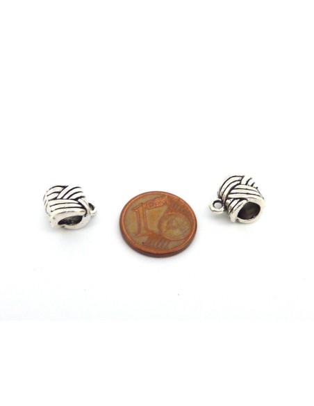 Perle support breloque argenté pour cordon de 5mm en métal travaillé