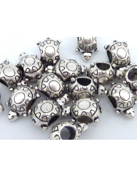 10 Perles tortue 14mm en métal argenté, à gros trou 4,8mm