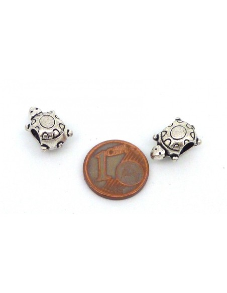 10 Perles tortue 14mm en métal argenté, à gros trou 4,8mm