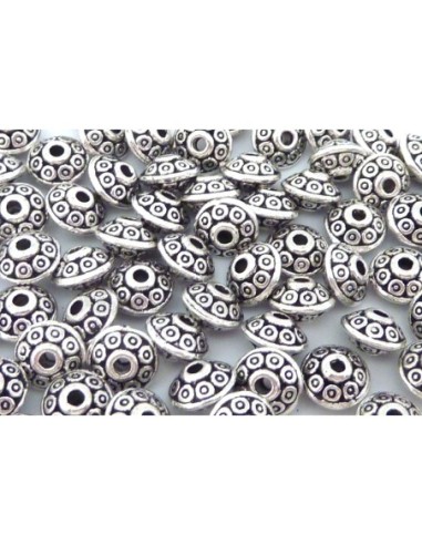 Perles toupie 6,7mm en métal argenté gravé de petits ronds