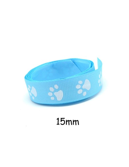 Ruban fantaisie bleu ciel 15mm empreinte patte de chat blanche