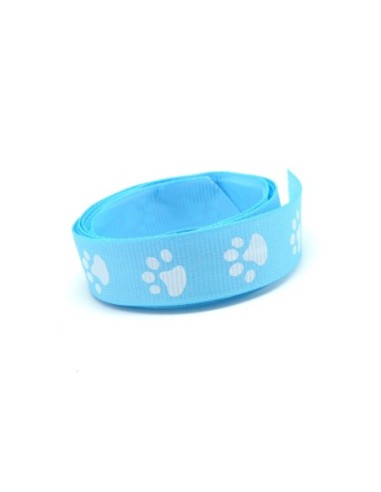 Ruban fantaisie bleu ciel 15mm empreinte patte de chien blanche
