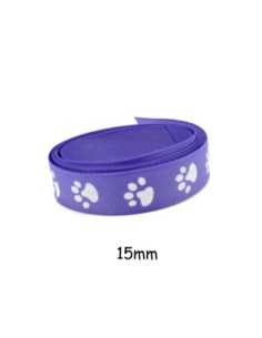 Ruban fantaisie violet 15mm empreinte patte de chat blanche