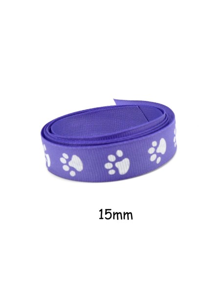 Ruban fantaisie violet 15mm empreinte patte de chat blanche Ruban fantaisie violet 15mm empreinte patte de chat blanche