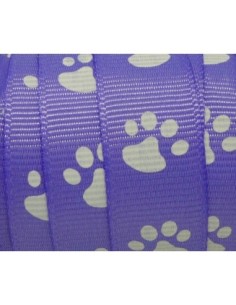 Ruban fantaisie violet 15mm empreinte patte de chat blanche 2