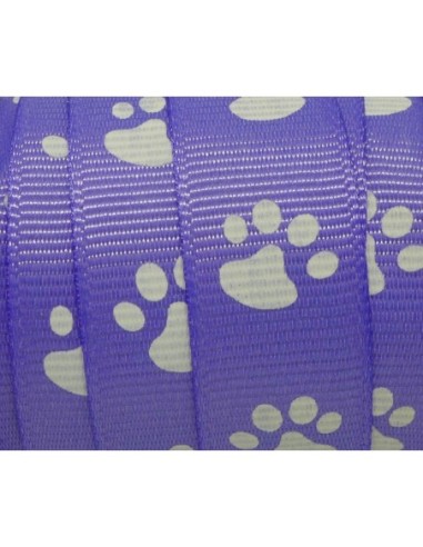 Galon fantaisie violet 15mm empreinte patte de chat blanche