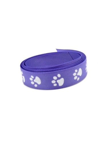 Ruban fantaisie violet 15mm empreinte patte de chien blanche