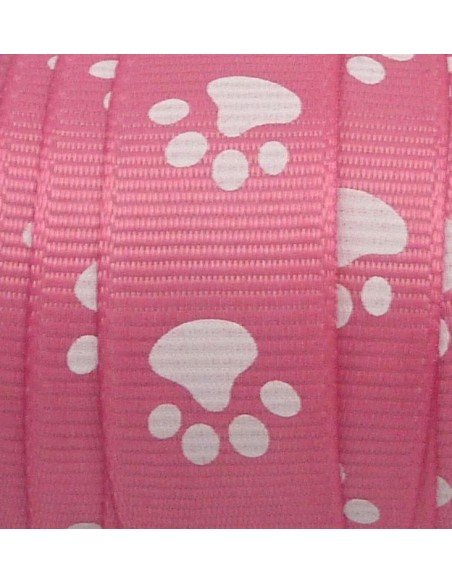 R-1m Ruban  plat 15mm empreinte patte de chat blanche sur fond rose bonbon