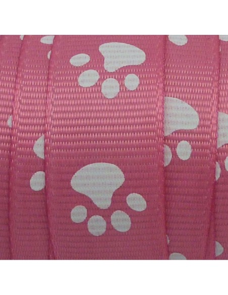 R-1m Ruban  plat 15mm empreinte patte de chat blanche sur fond rose bonbon