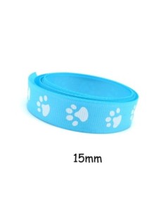 Galon plat 15mm empreinte patte de chat blanche sur fond bleu azur