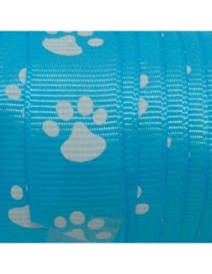 Galon plat 15mm empreinte patte de chat blanche sur fond bleu azur 2