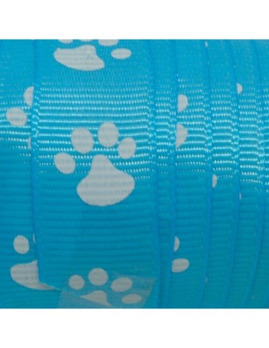 Ruban fantaisie bleu azur 15mm empreinte patte de chat blanche