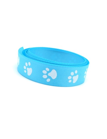 Galon bleu azur plat 15mm empreinte patte de chien blanche Galon bleu azur plat 15mm empreinte patte de chien blanche