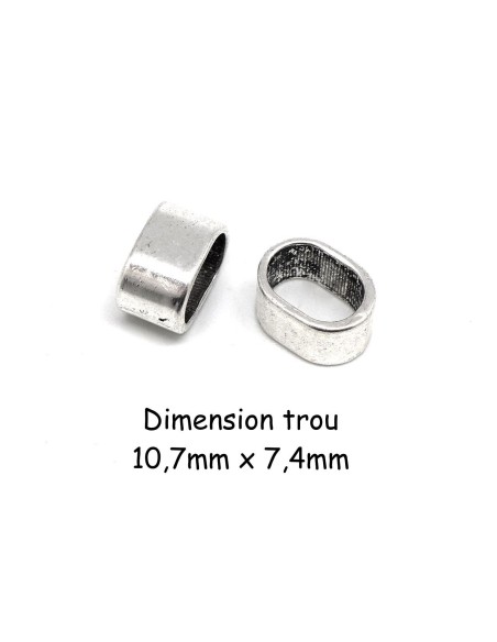 Perle passant argenté à gros trou en métal lisse pour cuir regaliz ou 2 cuirs de 6mm
