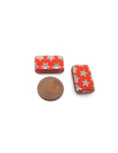 Perle rectangulaire en verre motif étoile argenté et fond rouge 2