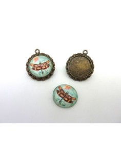 Pendentif Cabochon plus support motif libellule verte 2