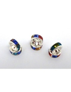 Perle rondelle 6mm à strass multicolore en métal argenté 