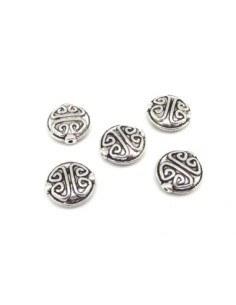 3 Perles galet pastille travaillé style ethnique 15mm en métal argenté vieilli