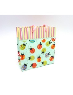 Pochette cadeaux en papier cartonné glacé motif coccinelle de couleur rose, bleu, jaune et doré 14,5cm x 15cm