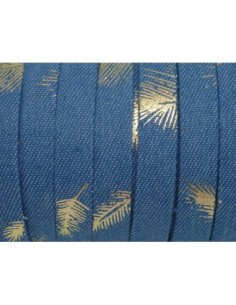 Lanière 10mm en jeans denin coton tissé motif plume doré bleu 2