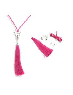 KIT collier sautoir tête de buffle rose fuchsia et métal argenté - tête de taureau