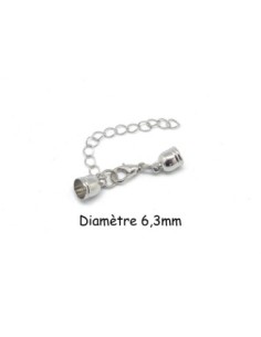 2 Fermoirs mousqueton embout rond pour cordon de 6mm en métal argenté avec chainette de rallonge