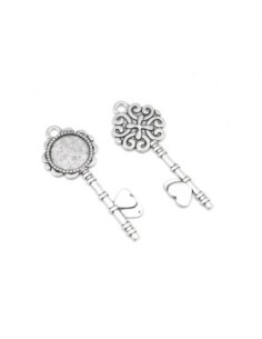 pendentif clé du paradis coeur support pour cabochon de 20mm en métal argenté
