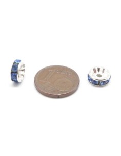 Perle intercalaire rondelle argenté à strass de couleur bleu lapis 8mm 2