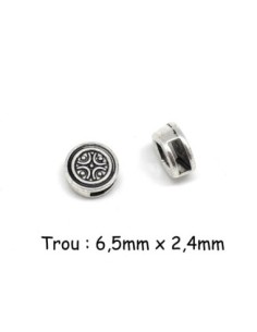 Perle argenté passant ronde travaillé slide pour lanière de 6mm en métal style ethnique