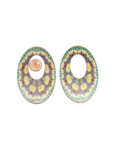 Pendentif ovale en bois style mandala ethnique rose, jaune, vert turquoise 2