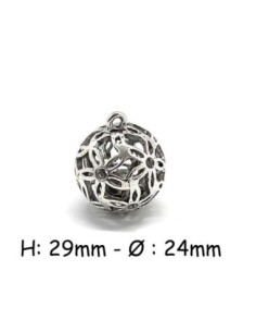 Pendentif grelot argenté motif fleur en métal
