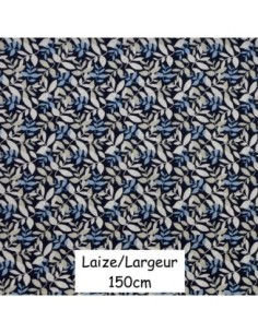 Tissus coton motif feuillage bleu marine, beige et blanc - vendu au mètre