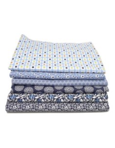 Tissus coton motif feuillage bleu marine, beige et blanc - vendu au mètre 2