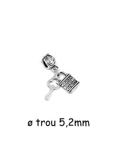 Perle bélière avec ses breloques clef et cadenas en métal argenté pour cordon cuir 5mm