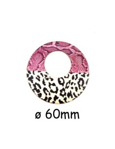 Pendentif créole en bois motif serpent et panthère rose, noir et beige - félin